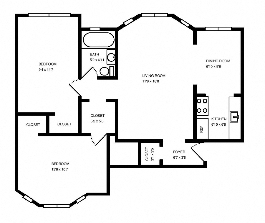 Floor plan for 2 beds, 1 bath, 741 sqft